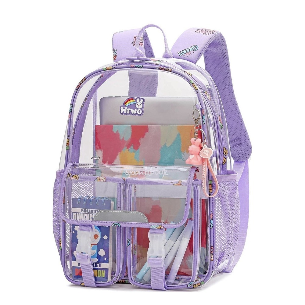 HTWO Girls Stadium Approved Clear Backpack - Heavy Duty With Pendant - Purple